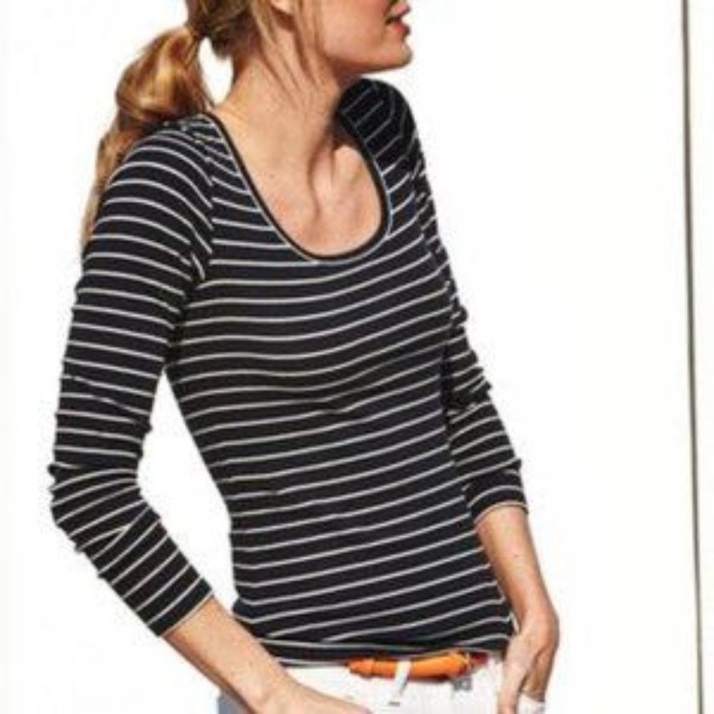 Boden Essential Scoop Neck Tee Long Sleeve Top Womens US 4 NWT Navy and White